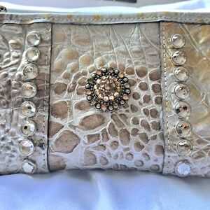 Raviani Of Garland Texas Croc Embossed Leather Wristlet Metallic Gold Ivory